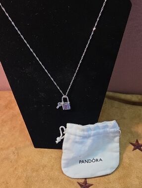 Pandora 925 Ale Silver Padlock Charm with Purple Stone and Key